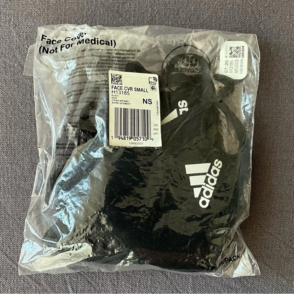 Brand New 3 Pack Adidas Face Cover - Black - Size S Small - Smooth Lightweight
